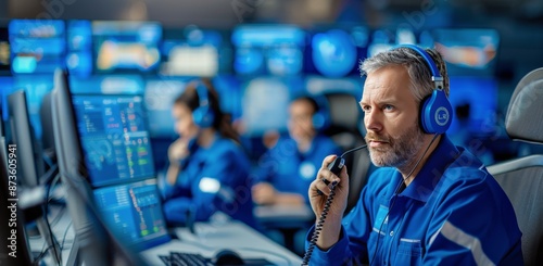 Man in Blue Uniform Talking on Headset in Control Room
