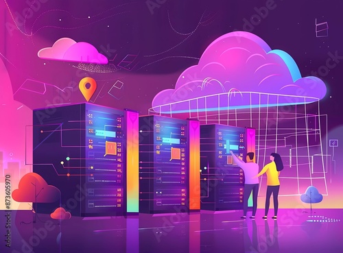 Flat vector illustration of a man and woman working on cloud storage with security icons in the style of a computer data center server rack graphic design concept