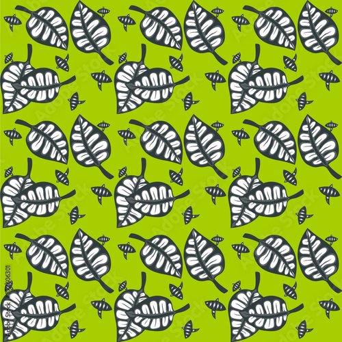 The Seamless Batik pattern of teak leaves above green background color. Showing cultural and ethnic vibes yet still fresh to looking at.suitable for clothing pattern and many more.
