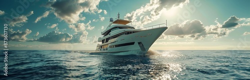 Luxury Yacht Sailing Through Calm Waters at Sunset