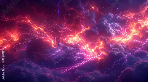 Pulsing neon tinged lightning bolts slicing through a moody dark background electrifying and kinetic surrealist digital art with a touch of minimalism  Visually striking and intense atmospheric scene photo