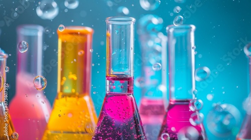 Colorful chemical liquids in glass flasks