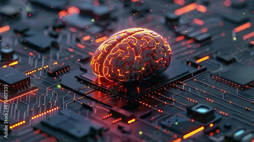 Brain Futuristic Technology background. 3D rendering of a glowing digital brain on a circuit board with an artificial intelligence concept. Brain hologram concept. Cyber technology concept background