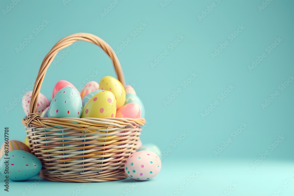 3D render of A basket filled with colorful Easter eggs on a pastel blue background, clean background, no copyrighted logo, no letters, no peaple 3D render of A basket filled with colorful Easter eggs on a pastel blue background, clean background, no copyrighted logo, no letters, no peaple