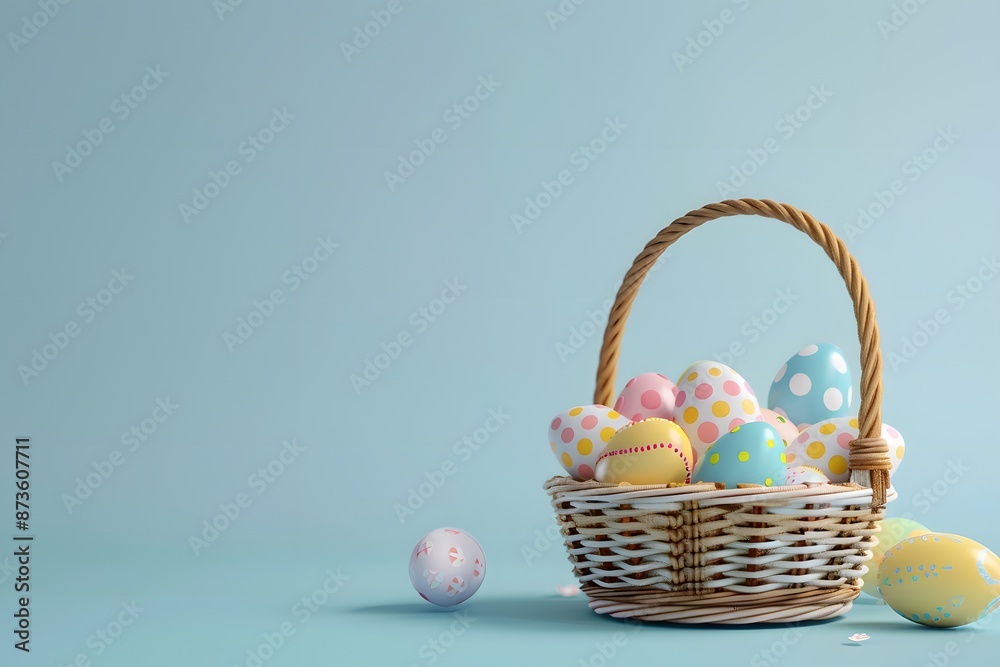 3D render of A basket filled with colorful Easter eggs on a pastel blue background, clean background, no copyrighted logo, no letters, no peaple 3D render of A basket filled with colorful Easter eggs on a pastel blue background, clean background, no copyrighted logo, no letters, no peaple