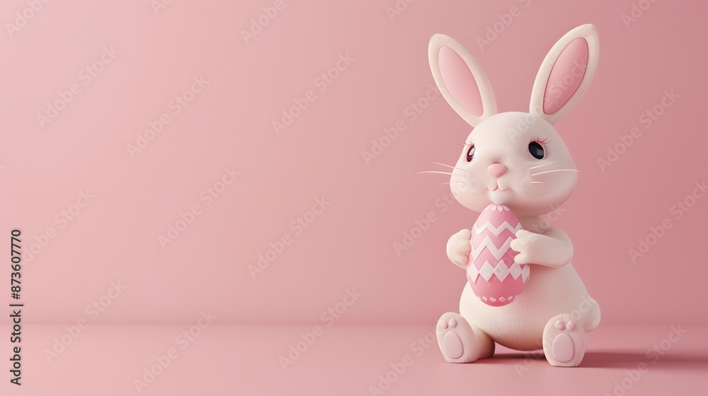 Obraz premium 3D render of Cute bunny holding a decorated Easter egg on a pastel pink background, clean background, no copyrighted logo, no letters, no peaple