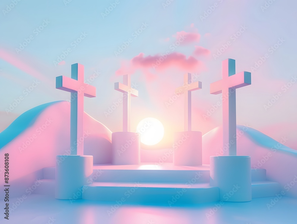 3D render of A sunrise service on Easter morning on a pastel blue background, clean background, no copyrighted logo, no letters, no peaple 3D render of A sunrise service on Easter morning on a pastel blue background, clean background, no copyrighted logo, no letters, no peaple