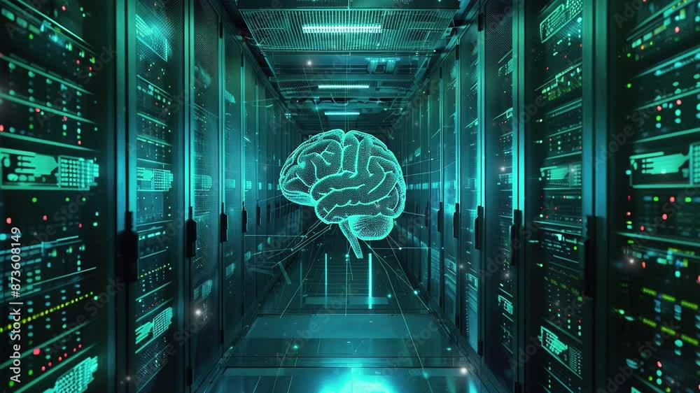 Futuristic Technology background. 3D render of a glowing brain inside a ...