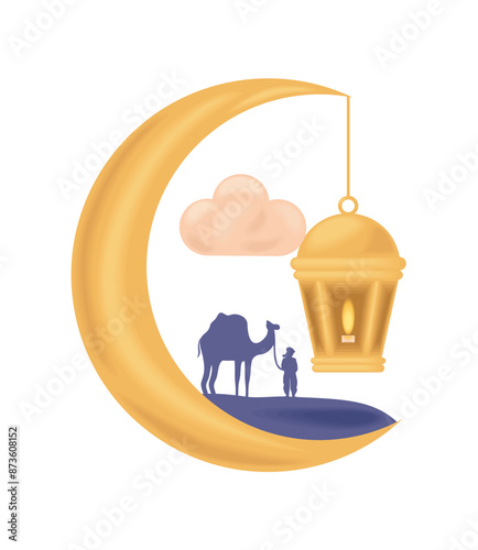 muslim man and camel with arab lamp