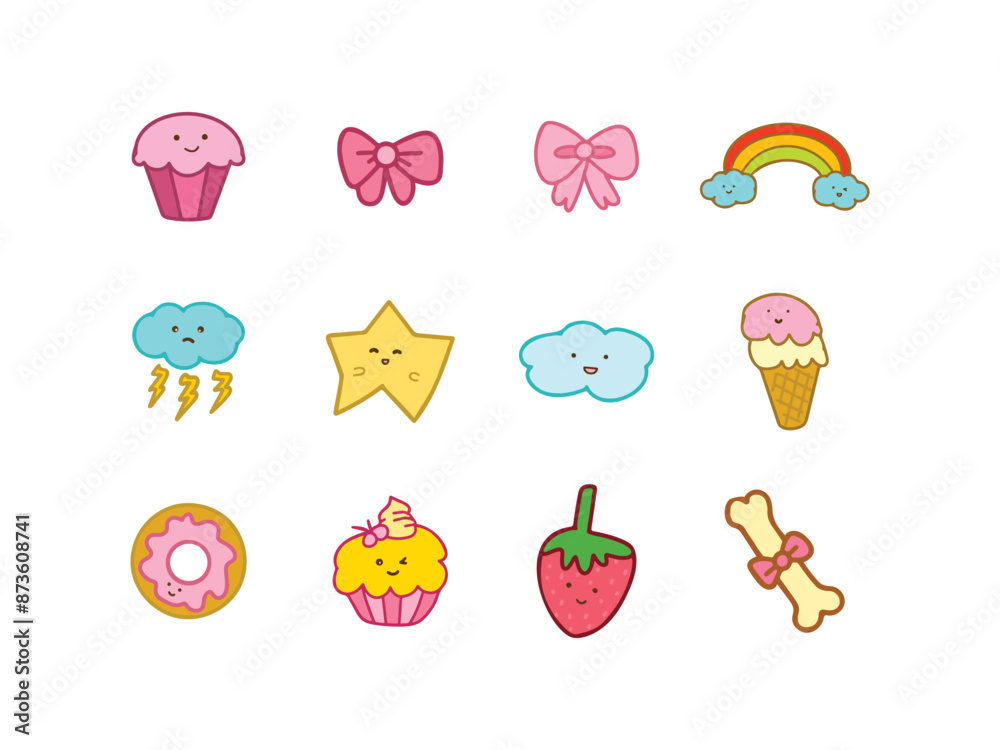 set of cute icon clouds, cake, and star set of cute icon clouds, cake, and star