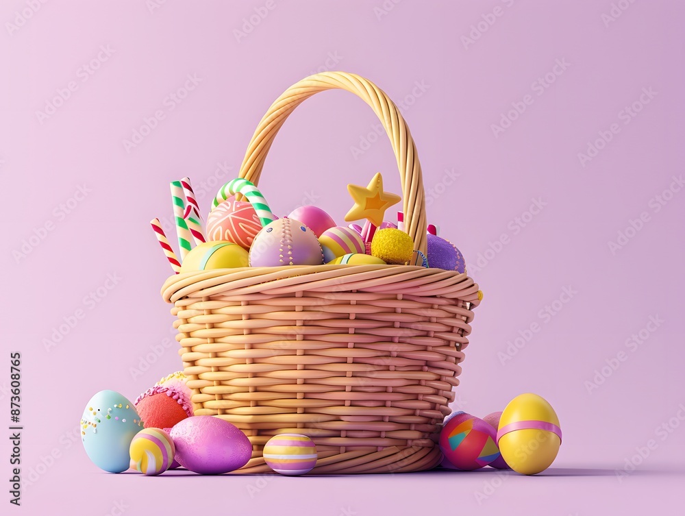 3D render of An Easter basket overflowing with candy and toys on a pastel purple background, clean background, no copyrighted logo, no letters, no peaple 3D render of An Easter basket overflowing with candy and toys on a pastel purple background, clean background, no copyrighted logo, no letters, no peaple