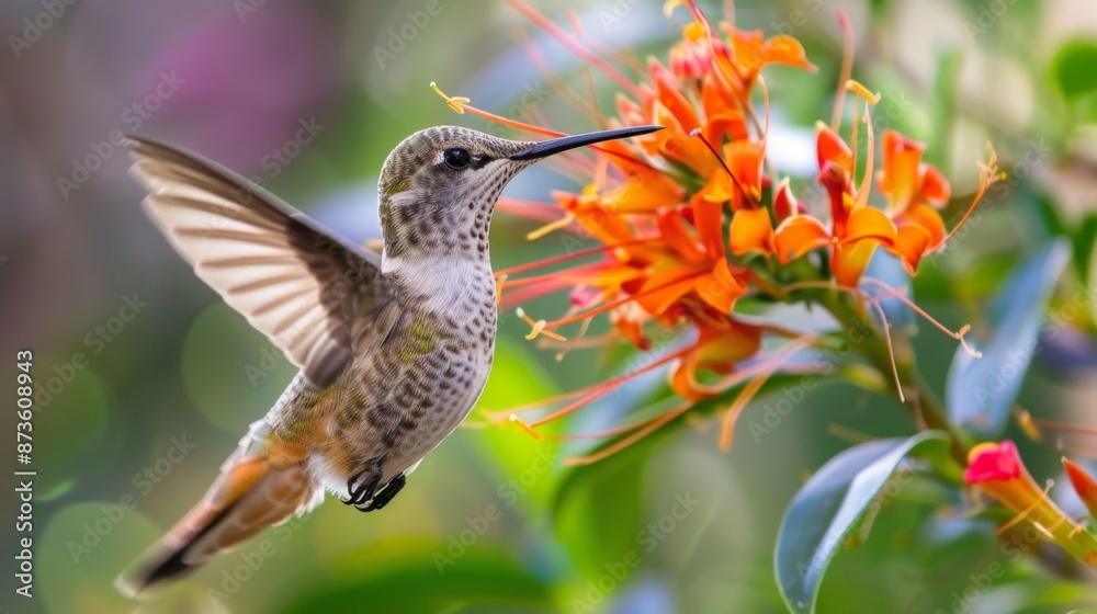 Fototapeta premium Hummingbird Feeding on Orange Flowers.