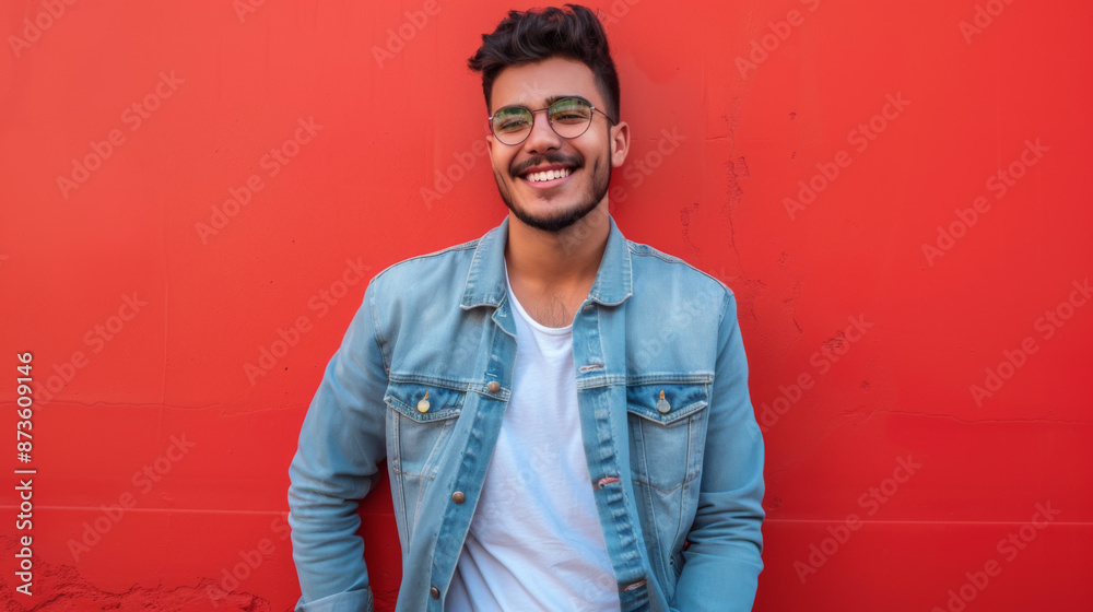 Obraz premium latino handsome man smiling Hands in a pockets isolated on a red background