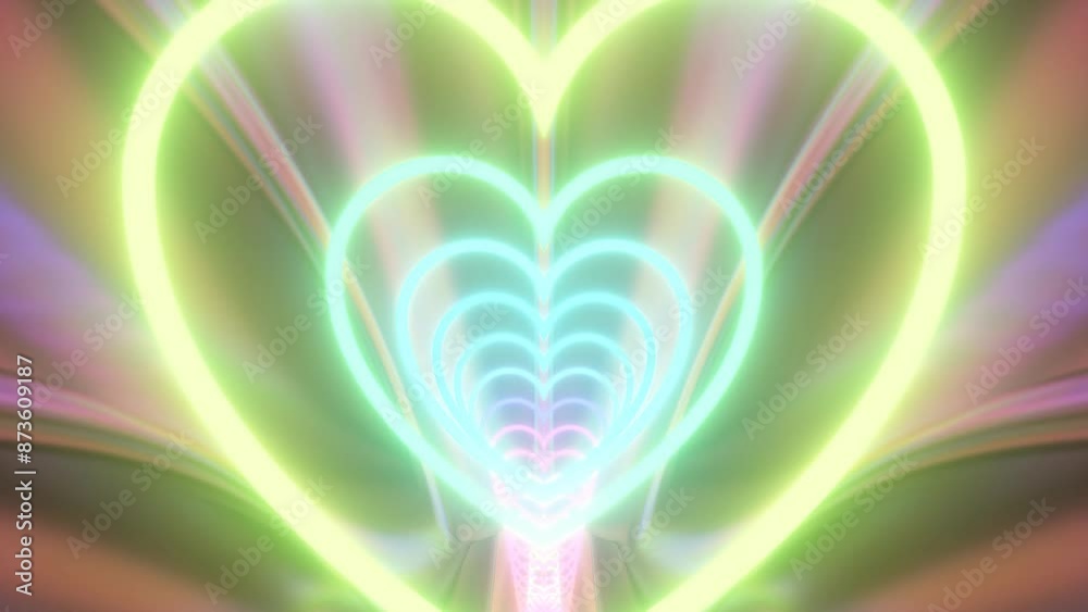 Flying Inside Reflective Mirror Rainbow Neon Glowing Heart 3D Tunnel - 4K Seamless VJ Loop Motion Background Animation