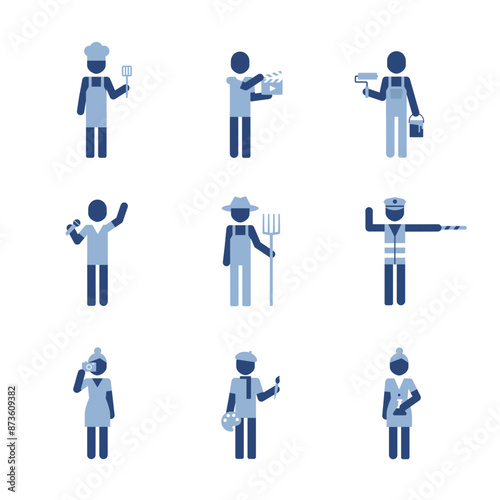 Cook, painter, gardener, adjuster, flight attendant, nanny, trainer, director cons. Job occupation sign pictogram symbol.