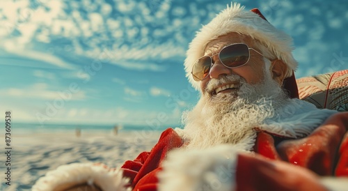 Santa Claus Wearing Sunglasses and a Red Hat at the Beach