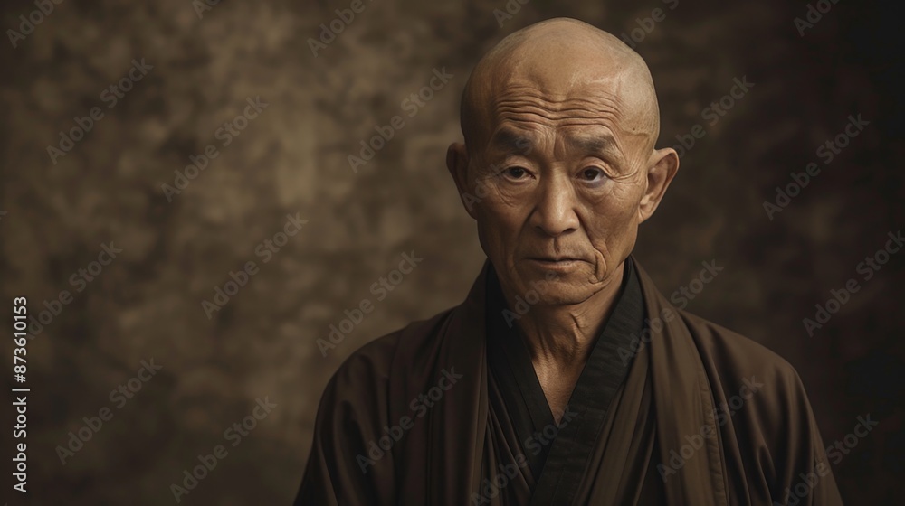 Photograph a serious monk in traditional robes, their expression peaceful yet focused, standing against a simple, dark backdrop that highlights their spiritual dedication and calmness. Photograph a serious monk in traditional robes, their expression peaceful yet focused, standing against a simple, dark backdrop that highlights their spiritual dedication and calmness.