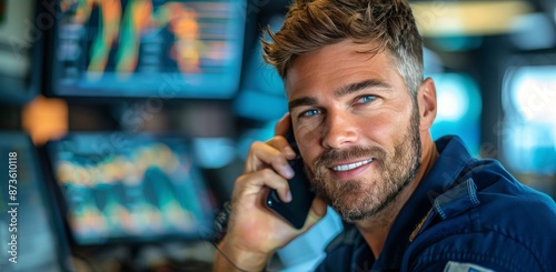 Smiling Man Talking On Phone In Office With Data Screens