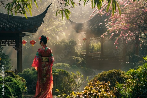 Woman in a vibrant kimono admires a lush garden with cherry blossoms and a classic pavilion