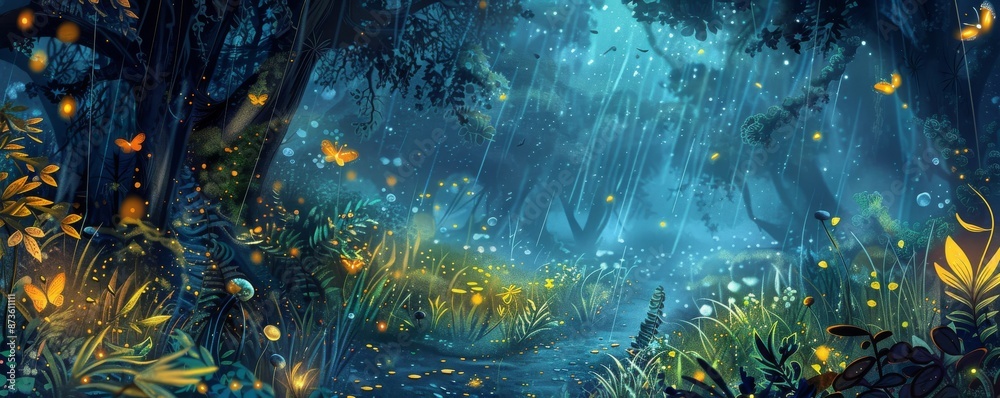 Fototapeta premium Enchanted Rainforest Wonderland: Luminous Flora, Mythical Beings, and Rainy Magic