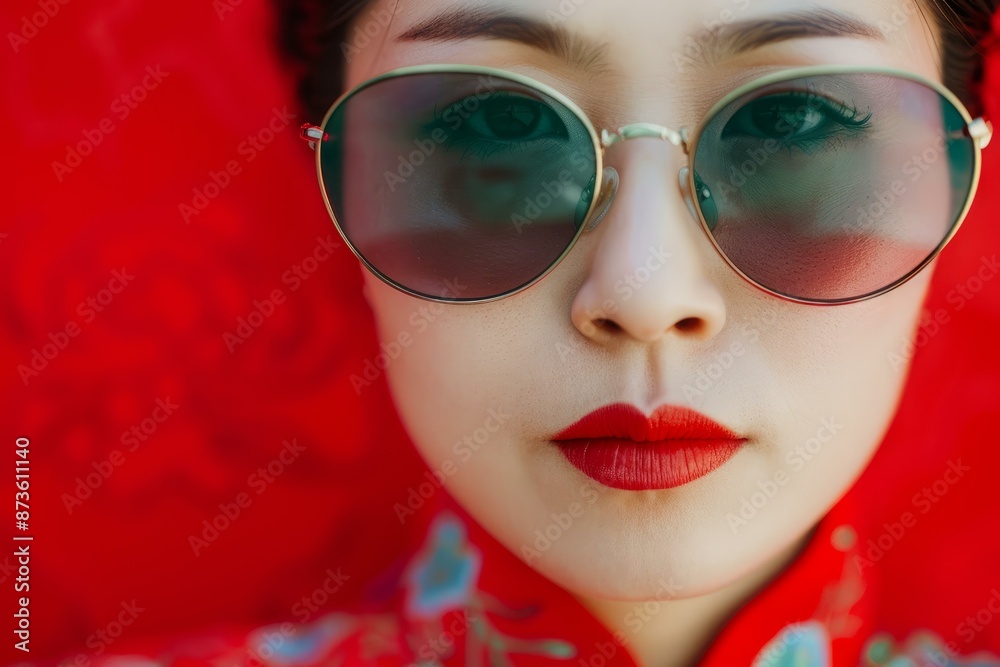 Closeup of a stylish woman with red lips and modern sunglasses on a red background Closeup of a stylish woman with red lips and modern sunglasses on a red background
