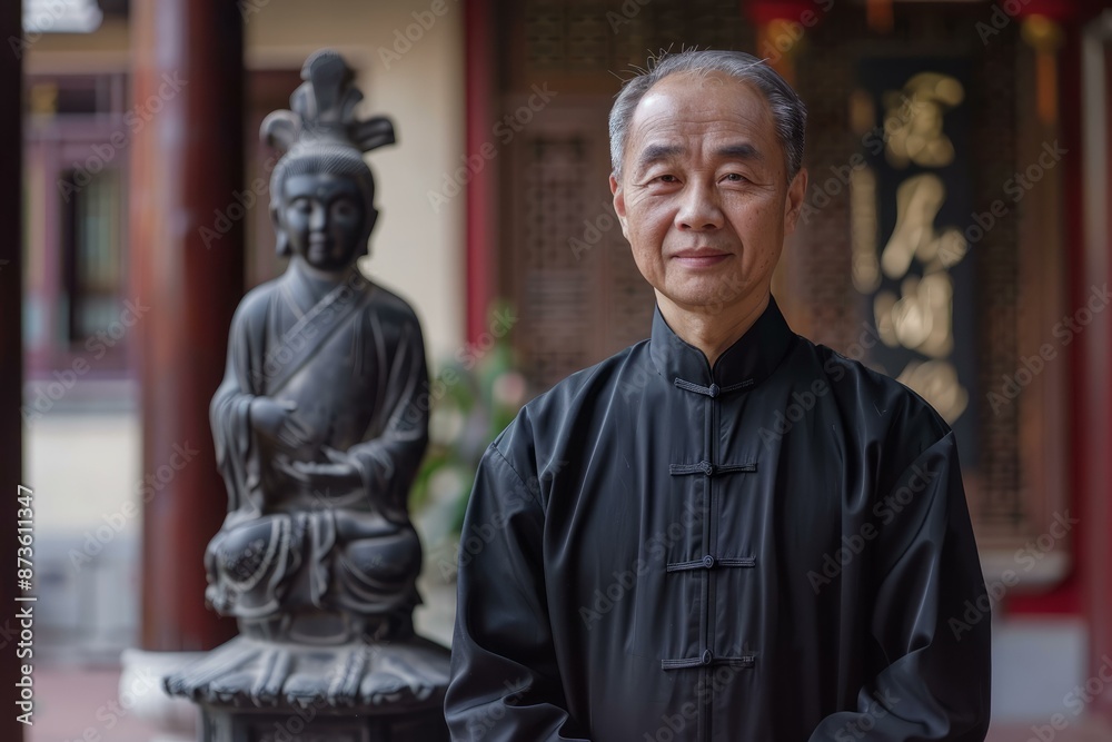 Elderly asian man in traditional clothing posing peacefully in a temple setting Elderly asian man in traditional clothing posing peacefully in a temple setting