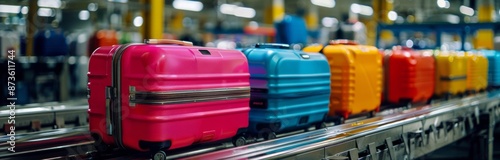Colorful Suitcases Moving on a Conveyor Belt at an Airport