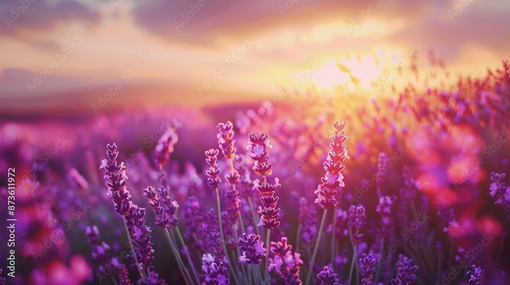 Lavender field at sunset picturesque summer meadow with blooming floral landscape Lavender field at sunset picturesque summer meadow with blooming floral landscape