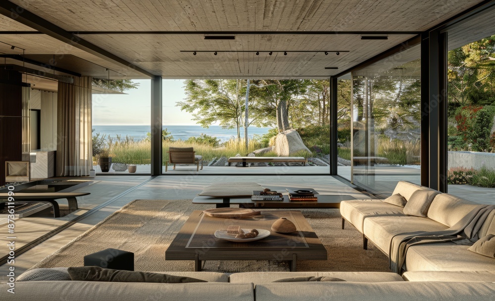 Interior of a modern living room with a view of the sea Interior of a modern living room with a view of the sea