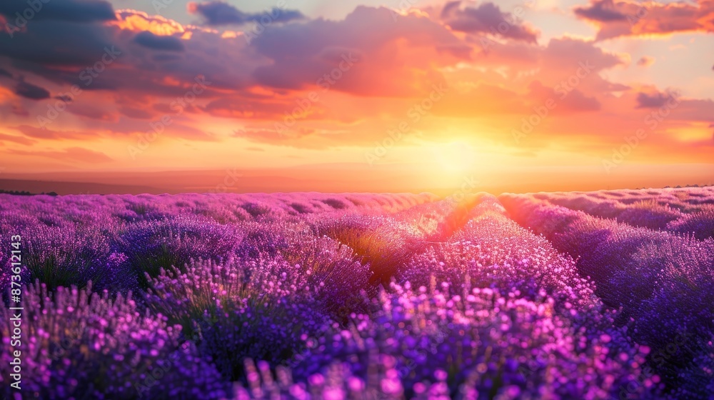 Fototapeta premium Summer sunset lavender field in full bloom, picturesque floral landscape of meadow lavender flowers