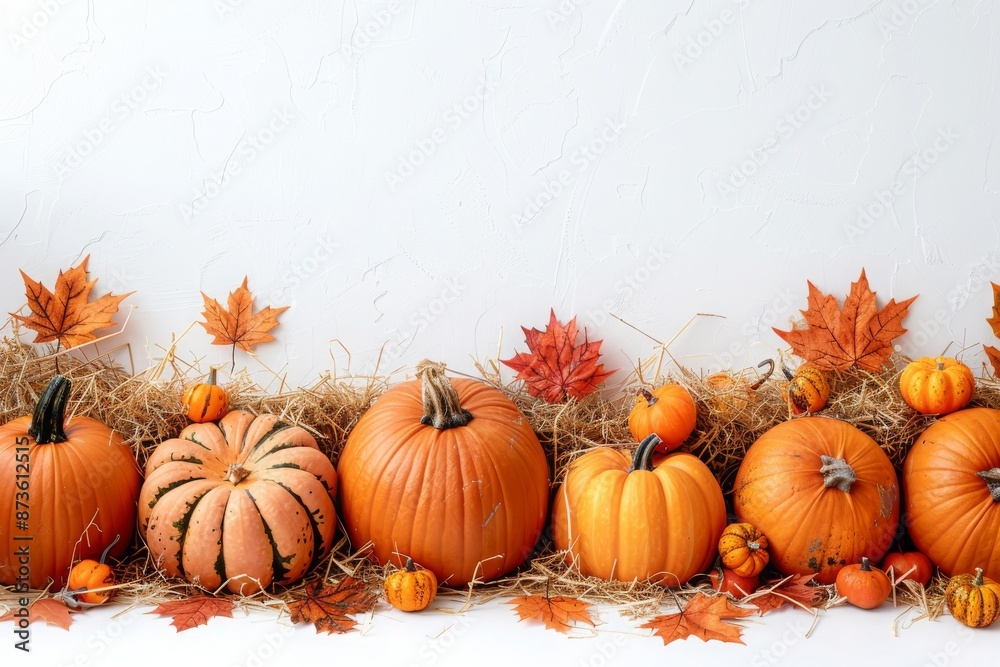 Vibrant Autumn Arrangement of Pumpkins on Hay With Colorful Leaves