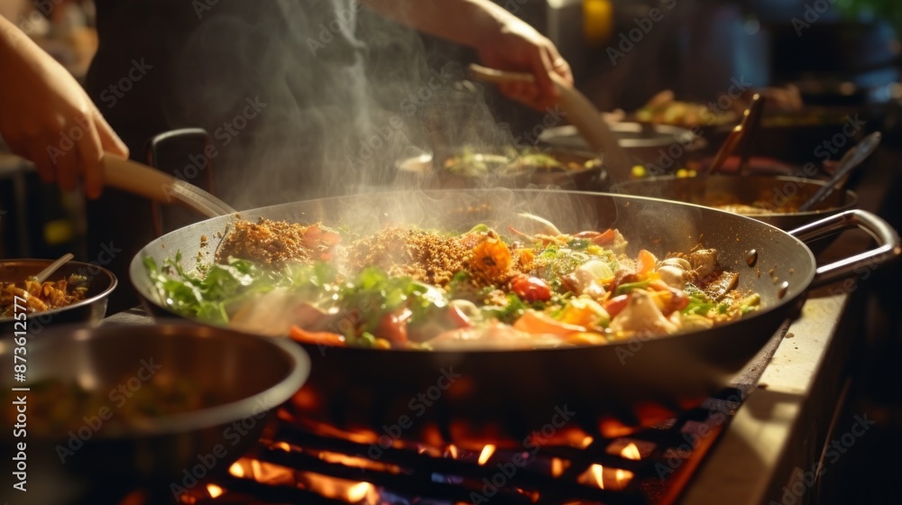 Cooking delicious main course in restaurant kitchen, holiday catering scene with chef's expertise
Cooking delicious main course in restaurant kitchen, holiday catering scene with chef's expertise
