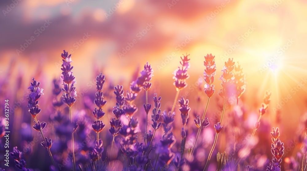 Picturesque lavender field at sunset summer floral landscape with vibrant blooming flowers Picturesque lavender field at sunset summer floral landscape with vibrant blooming flowers