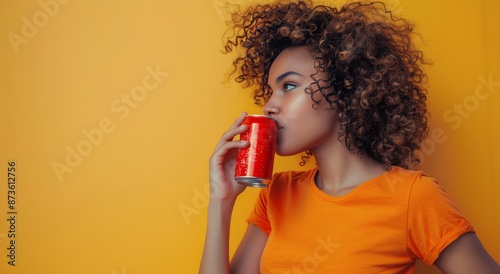 Woman With Curly Hair Drinking From a Red Can in Front of an Orange Background
