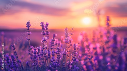 Vibrant lavender field at sunset capturing the essence of a summer evening with blooming flowers
