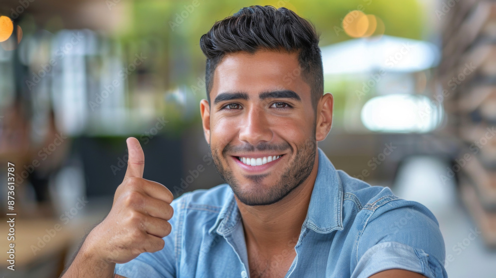 latino handsome man smiling Thumbs up gesture latino handsome man smiling Thumbs up gesture