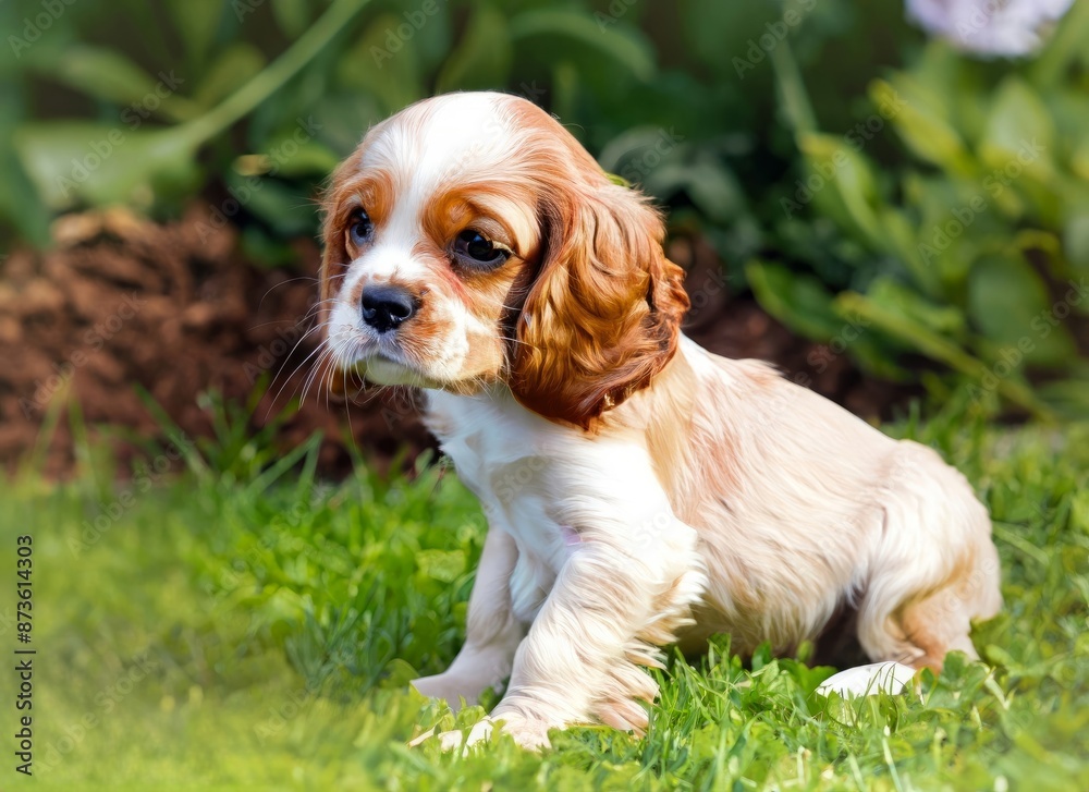 puppy Cavalier King Spaniel dog in garden , generated by AI. High quality photo puppy Cavalier King Spaniel dog in garden , generated by AI. High quality photo