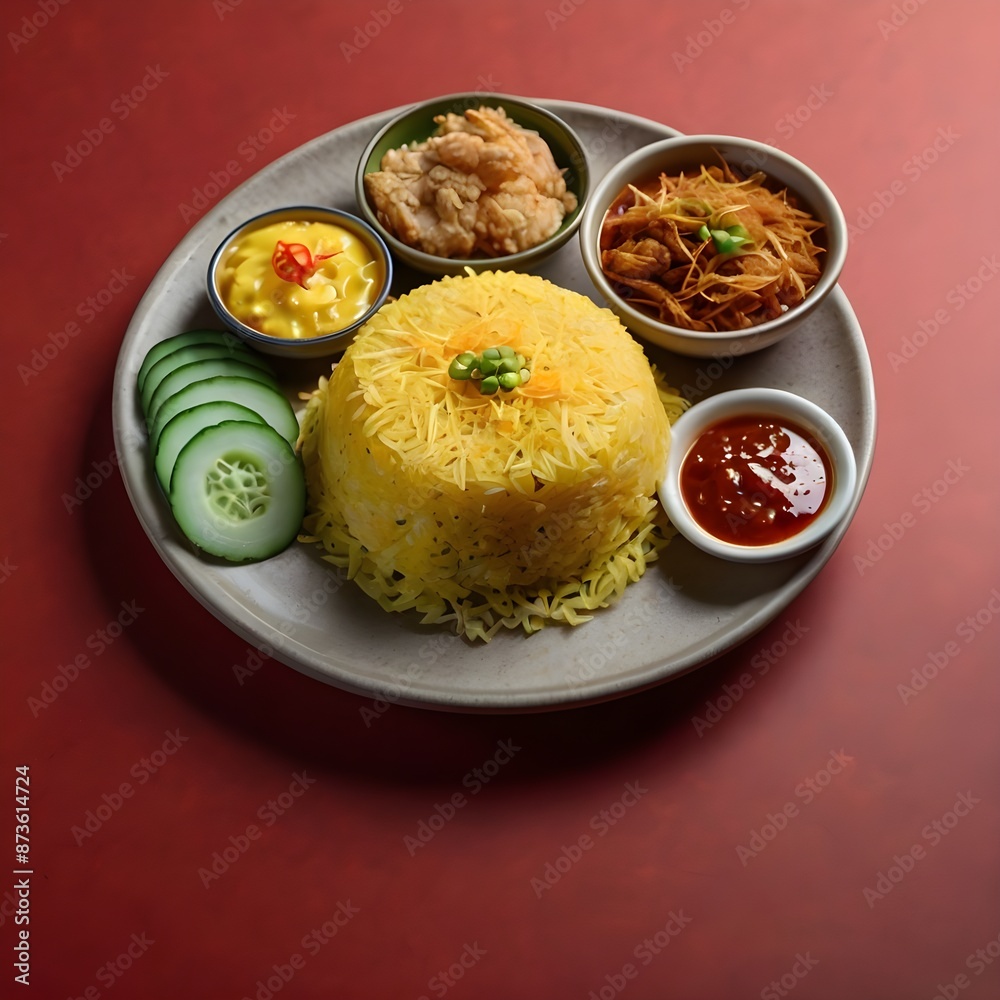 illustration of yellow rice with side dishes of fried chicken, thinly sliced omelet, fried tempe, perkedel, beef floss and cucumber slices, served with delicious red chili sauce. illustration of yellow rice with side dishes of fried chicken, thinly sliced omelet, fried tempe, perkedel, beef floss and cucumber slices, served with delicious red chili sauce.