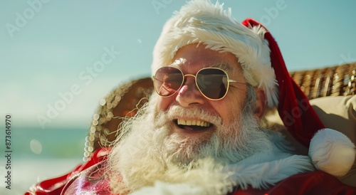 Santa Claus Wearing Sunglasses and a Red Hat at the Beach