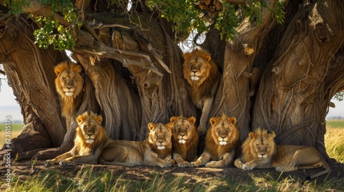 Pride of Lions Resting Under a Tree. photo