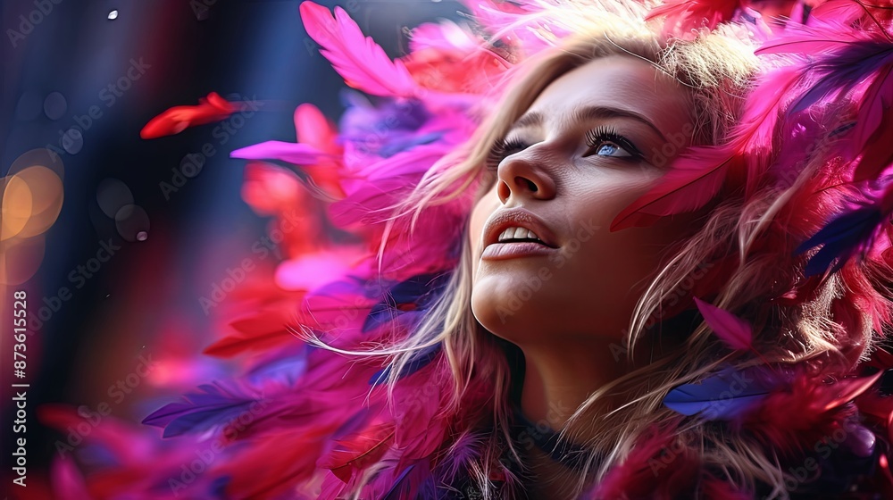 Fototapeta premium A music artist wearing a purple feather boa around her head at a performing arts event. The boa is a vibrant magenta color, adding a touch of entertainment to her outfit