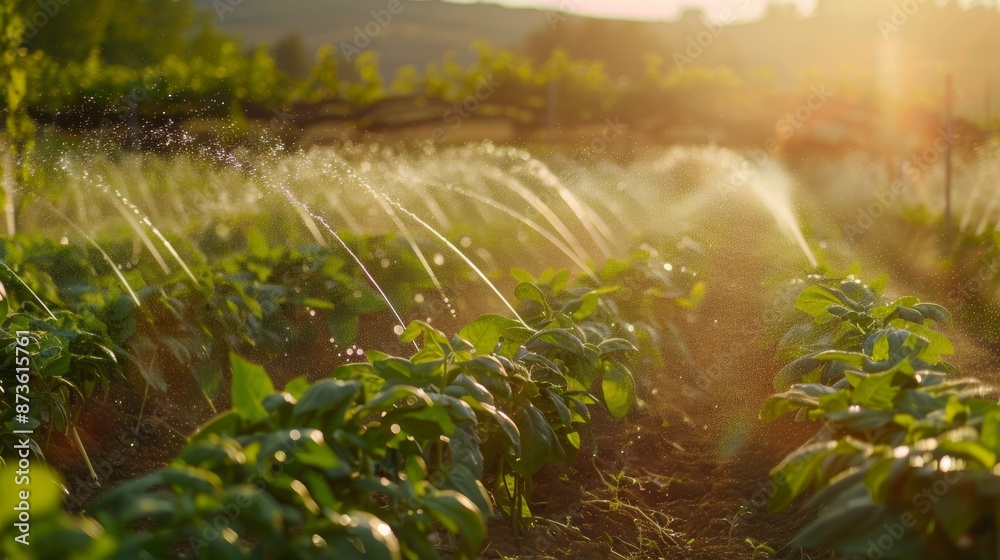 Automated irrigation systems, irrigation sprinklers spraying water over lush crops on farm agriculture. Automated irrigation systems, irrigation sprinklers spraying water over lush crops on farm agriculture.