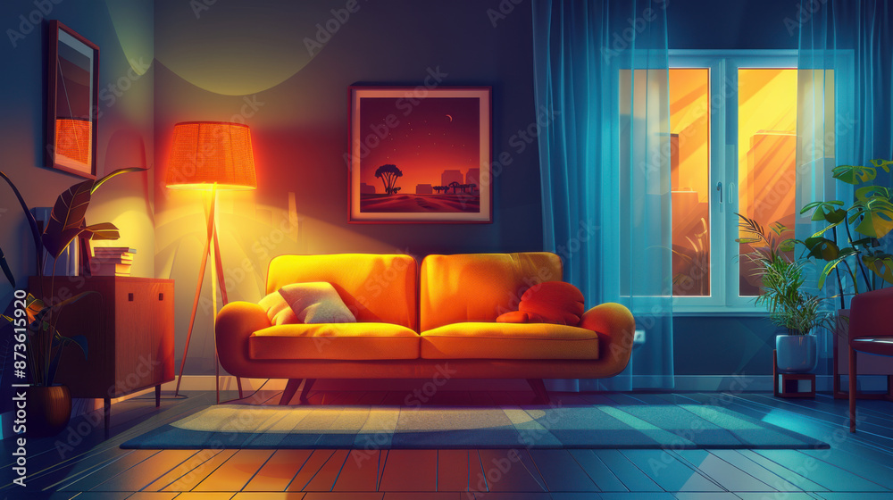 A cozy living room featuring a yellow couch, warm lighting, and stylish decor, creating a relaxing evening atmosphere. A cozy living room featuring a yellow couch, warm lighting, and stylish decor, creating a relaxing evening atmosphere.