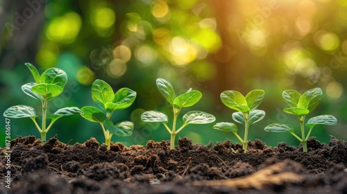 Close-up of young green plant seedlings growing in rich soil, bathed in warm sunlight, symbolizing new growth and life. © tashechka