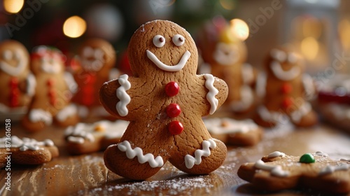 A close-up of a smiling gingerbread man cookie decorated with icing, surrounded by other gingerbread cookies and festive lights. © tashechka