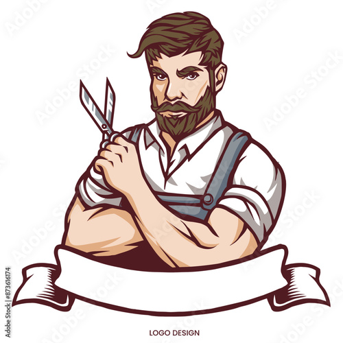Barberman mascot logo Holding Scissors and wearing an apron.  Cartoon Vector Icon Illustration people business Isolated