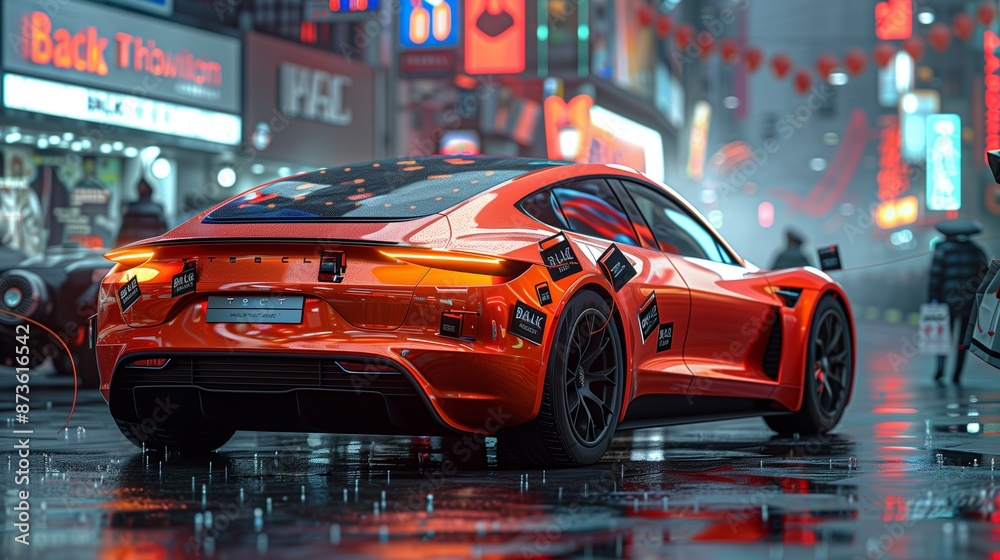 Sleek electric car in a futuristic cityscape, adorned with Black Friday shopping bags and digital discounts. Sleek electric car in a futuristic cityscape, adorned with Black Friday shopping bags and digital discounts.