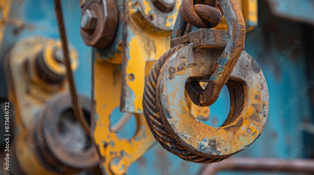 Crane hook, emphasizing strong metal construction. A pulley that has been used for a long time and strong cable Industrial environments emphasize the functional design of crane hooks Crane hook, emphasizing strong metal construction. A pulley that has been used for a long time and strong cable Industrial environments emphasize the functional design of crane hooks