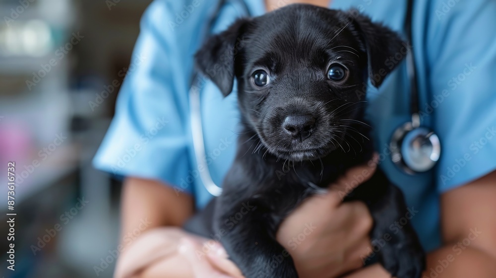 Caring Veterinarian in Blue Uniform Holding Cute Puppy at Animal Hospital, Isolated on White Background with Copy Space for Commercial Use Caring Veterinarian in Blue Uniform Holding Cute Puppy at Animal Hospital, Isolated on White Background with Copy Space for Commercial Use