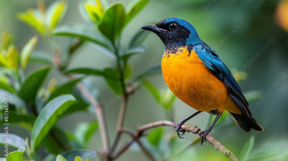 Close-up of a colorful bird with vivid orange and blue plumage, perched on a branch surrounded by green foliage. Close-up of a colorful bird with vivid orange and blue plumage, perched on a branch surrounded by green foliage.